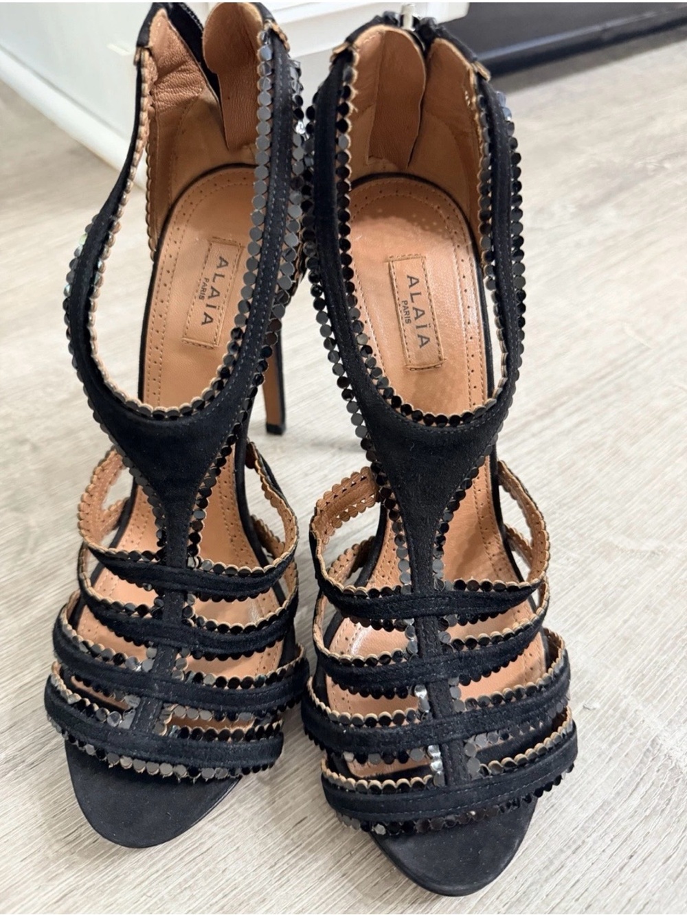 Alaia Black Beaded Suede Strappy Stiletto Sandals
